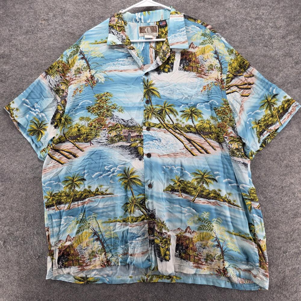Kalaheo Hawaiian Shirt Mens 2XL Blue Tropical Island Rayon Button Up Aloha